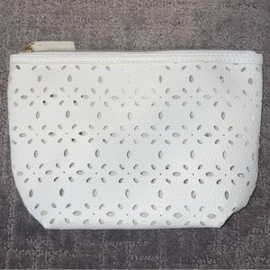 Saks Fifth Avenue White Laser Cut Toiletry Makeup Bag w/ Detachable Mirror